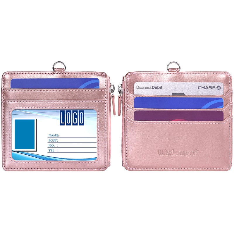 Wisdompro Badge Holder with Zip, Wisdompro 2-Sided PU Leather ID Badge Holder with 1 ID Window, 4 Card Slots, 1 Side Zipper Pocket and 1 Piece 20 Inch Leather Neck Lanyard Strap - Rose Gold (Horizontal) - Image 2